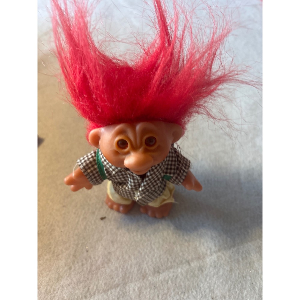Vintage Dam Troll Doll 1986 Red Hair Hiker with Backpack Checkered‎ Shirt 3 inch